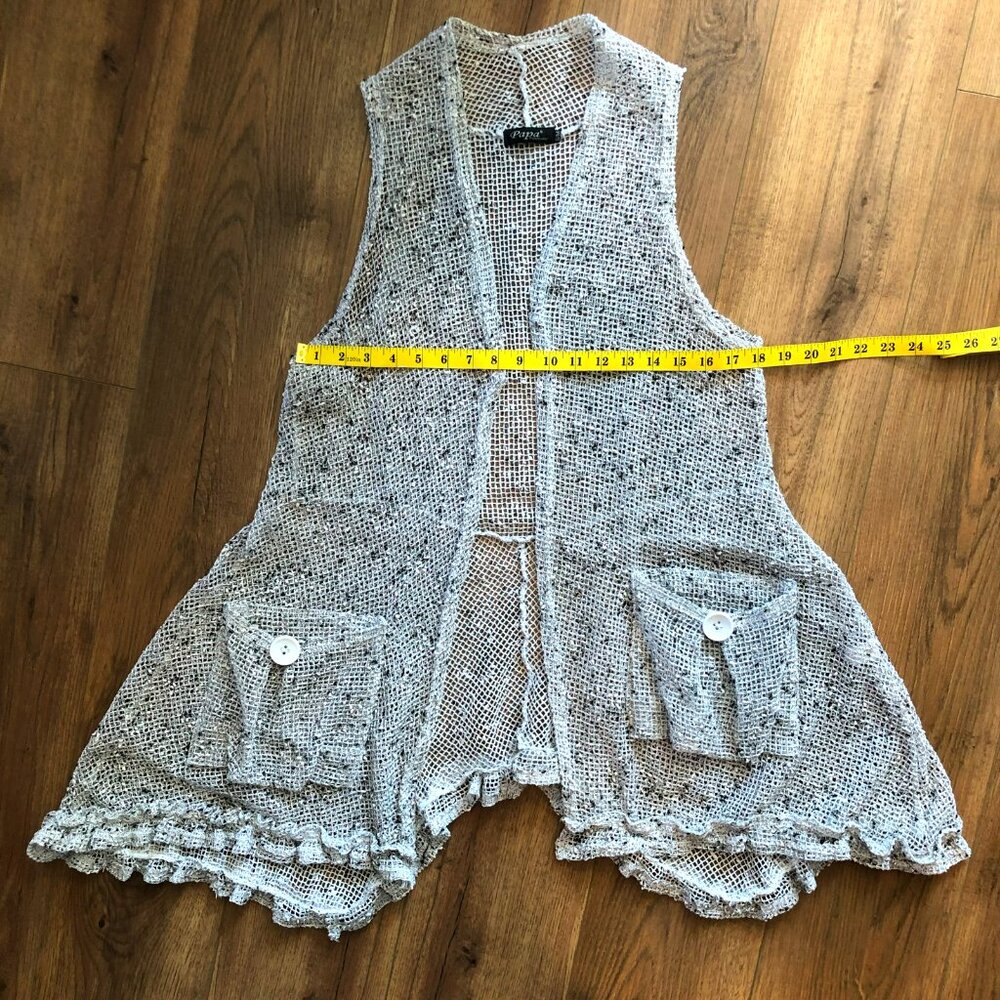 Papa Vancouver white/grey 100% cotton mesh cardigan hem frill and rise 2 pockets - Picture 7 of 8